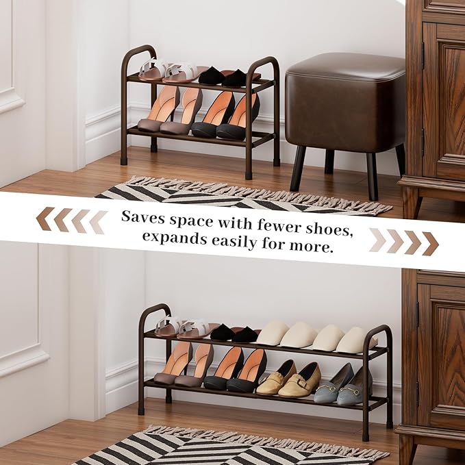Expandable Shoe Rack, 2-Tier Metal Small Shoe Rack, Adjustable Shoes Organizer, Storage Shelf for Closet, Entryway, Brown