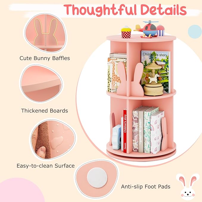 HONEY JOY Kids Rotating Bookshelf, Wooden Spinning Small Corner Organizer w/Baffles, 360°Display Standing Toddler Bookshelf, Narrow Storage Rack, Montessori Book Shelf for Nursery, Playroom (Pink)
