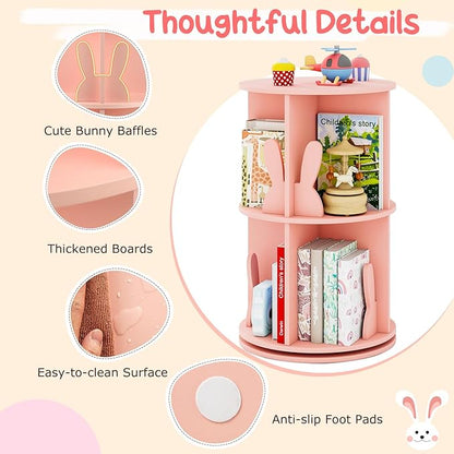 HONEY JOY Kids Rotating Bookshelf, Wooden Spinning Small Corner Organizer w/Baffles, 360°Display Standing Toddler Bookshelf, Narrow Storage Rack, Montessori Book Shelf for Nursery, Playroom (Pink)