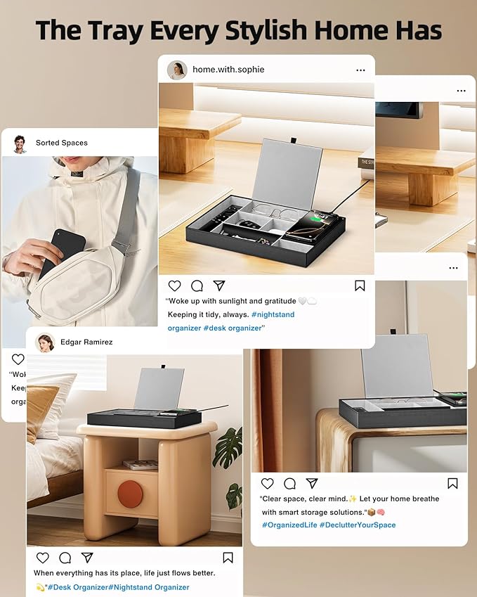 Valet Tray, Nightstand Organizer with Wireless Charger Pad for iPhone 17/16/15/14/13/12/11 Series, Valet Charging Station, Faux Leather Valet Tray for Men and Women