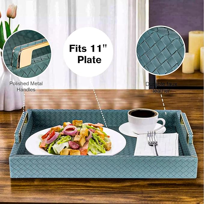 Decorative Serving Tray for Ottoman Coffee Table, 16"x12" Large Rectangular Tray Leather Serving Trays with Gold Polished Metal Handles - Home Decor - Blue