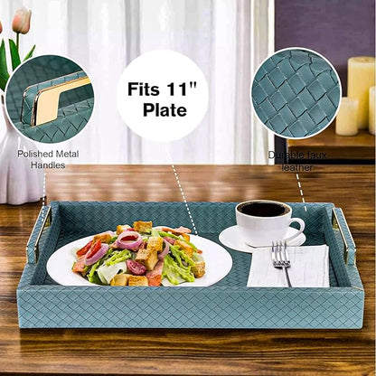 Decorative Serving Tray for Ottoman Coffee Table, 16"x12" Large Rectangular Tray Leather Serving Trays with Gold Polished Metal Handles - Home Decor - Blue