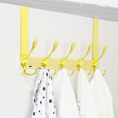 SKOLOO Over The Door Hook - for Doors up to 1-3/4'' Thickness, Pack of 2, Metal Door Hanger with 5 Triple Hooks, Over The Door Hanger for Coats, Hats,Towels, Gold, Assembly Required