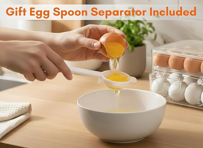 Egg Holder for Fridge (36 Eggs) | Automatic Rolling Dispenser for Refrigerator, Foldable | Fits All Egg Sizes Without Collision, Clear, Durable, BPA-Free with Lid | Gift: Egg Separator