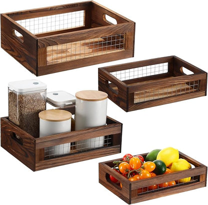 4 Pcs Wooden Nesting Countertop Baskets 4 Size Wooden Storage Box with Handle and Metal Wire Multipurpose Wood Organizer Crate for Fruit Vegetable Kitchen Cabinet Bathroom(Walnut,Small)