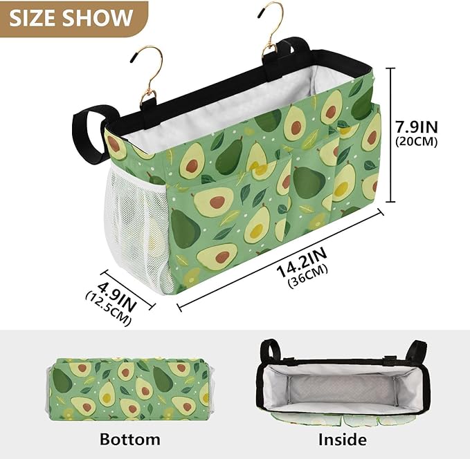 CuwrYet Bedside Caddy Hanging Bunk Bed Caddy Bed Organizer Hanging Pocket with 2 Hooks Bedside Storage Organizer Pocket Bag Holder Green Avocado and Leaf