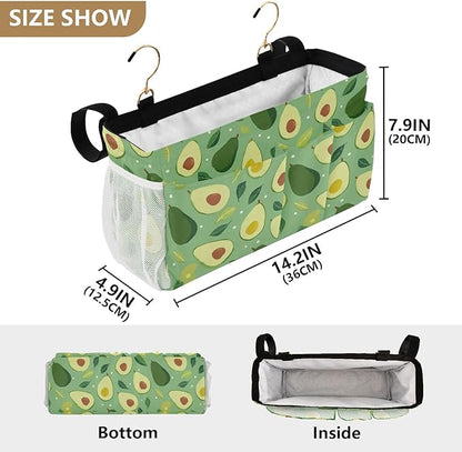 CuwrYet Bedside Caddy Hanging Bunk Bed Caddy Bed Organizer Hanging Pocket with 2 Hooks Bedside Storage Organizer Pocket Bag Holder Green Avocado and Leaf