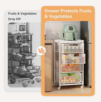 4-Tier Kitchen Storage Cart - Fruit Vegetable Storage Cart with Drawers, Wooden Top Metal Wire Kitchen Organizer and Storage Cart with Wheels to Storage Onions Potatoes Cans Snacks for Kitchen