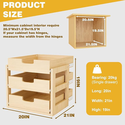 Pull Out Cabinet Organizer, 20''W×21''D×19''H Soft Close Slide Out Wooden Pull out Drawers, Three Tier Slide out Wood Cabinet Organizer, for Base Cabinet Organization in Kitchen, Pantry, Bathroom