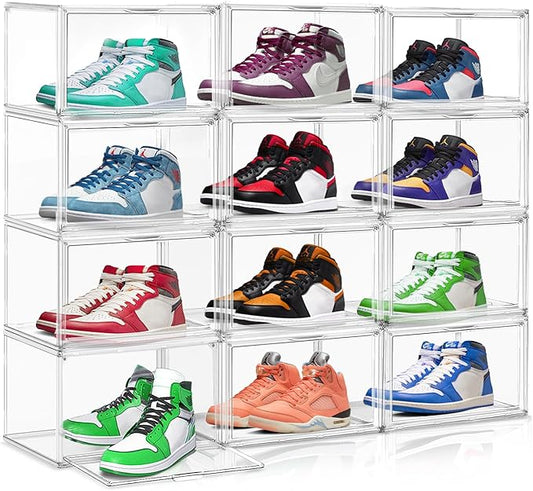 EDS FAM 10 Pack Acrylic Shoe Storage Boxes Size 12, Stackable Sneaker Display Case Shoe Containers with Magnetic Lid, Clear Shoe Storage Cabinet for Entryway, Closet, Underbed