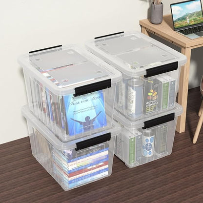 Qqbine 30 Quart Plastic Clear Storage Bin with Wheels, Plastic Latching Bins with Lids, 4 Packs