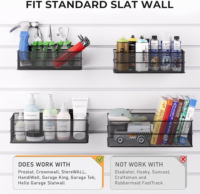 INCLY 4 Pack Upgrade Slatwall Baskets, Heavy Duty Metal Mesh Slat Wall Basket, Mounted Hanging Storage Slatwall Accessories for Garage Organizing Shop Display on Slat Wall Panels