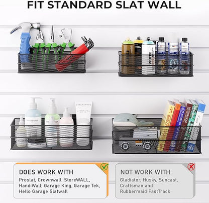 INCLY 4 Pack Upgrade Slatwall Baskets, Heavy Duty Metal Mesh Slat Wall Basket, Mounted Hanging Storage Slatwall Accessories for Garage Organizing Shop Display on Slat Wall Panels