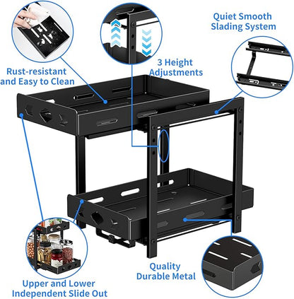 Pull Out Spice Racks for Inside Cabinets, 2-Tier Cabinet Spice Rack Organizer, Height Adjustable Vertical Spice Rack for Kitchen Cabinet (7.5''Wx10.8''Dx9.2''H, Metal Black)