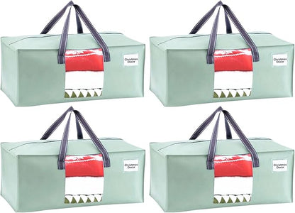 VENO 4 Pack Heavy Duty Moving Bags, Christmas Storage Bins with Lids, Transparent Window Design, Alternative to Moving Boxes, Storage Bags for Clothes, Blankets, Comforters (Shiny Light Green, 4 Pack)