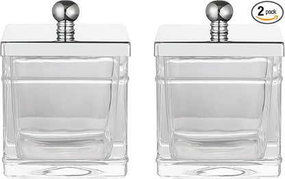 Indecor Home Glass Cotton Jar Holder 2 Pack– Silver/Chrome Lid, Elegant Bathroom Storage Canister for Qtips, Cotton Balls, Floss, Makeup Organizer, Vanity & Bathroom Organization