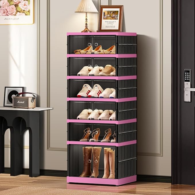 CIMLORD 6-Tier Foldable Shoe Rack Organizer for Closet,12 Pairs Collapsible Plastic Shoe Shelf,Clear Stackable Shoe Storage Boxes with Door Easy Assembly,Shoe Cabinet with Lids Large（Black-pink）