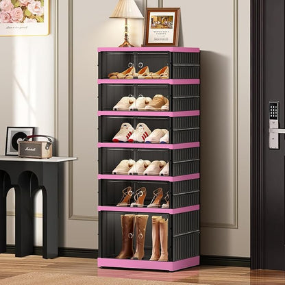 CIMLORD 6-Tier Foldable Shoe Rack Organizer for Closet,12 Pairs Collapsible Plastic Shoe Shelf,Clear Stackable Shoe Storage Boxes with Door Easy Assembly,Shoe Cabinet with Lids Large（Black-pink）
