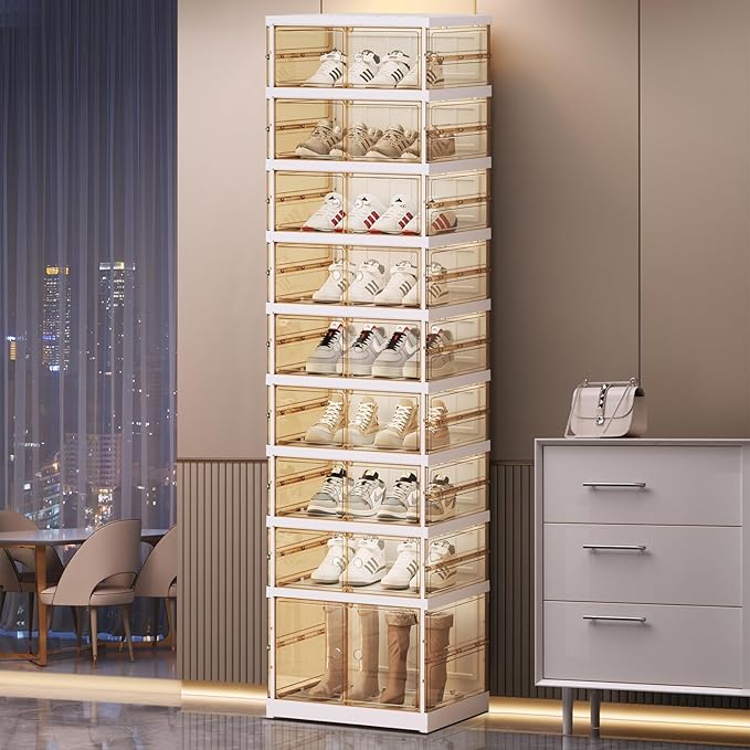 SYNCVIBE Shoe Rack Organizer for Closet Entryway Foldable Sneaker Storage Shoe, Collapsible Shoe Cabinet, Stackable Shoe Storage Cabinet with Lids for Living Room (9 Tiers -18 Pairs Transparent)
