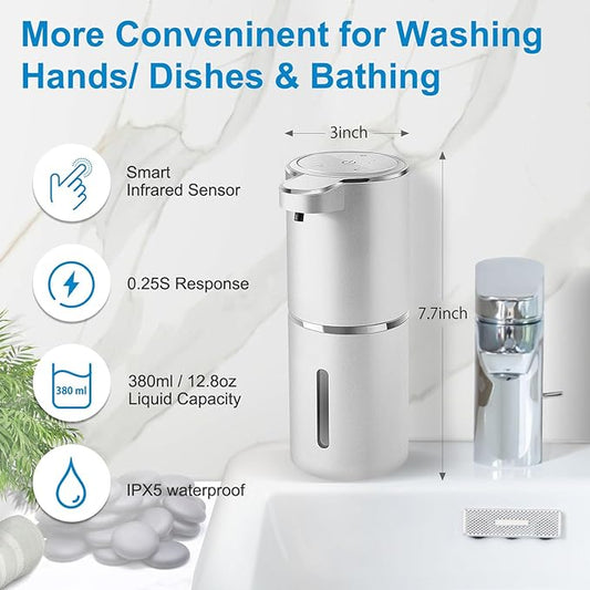 Gotofine Automatic Foaming Soap Dispenser,4-Level Adjustable Foam, Wall Mount, USB Rechargeable,12.8oz/ 380ml,Touchless Hand & Dish Soap Dispenser for Bathroom, Kitchen,Hotel, Restaurant
