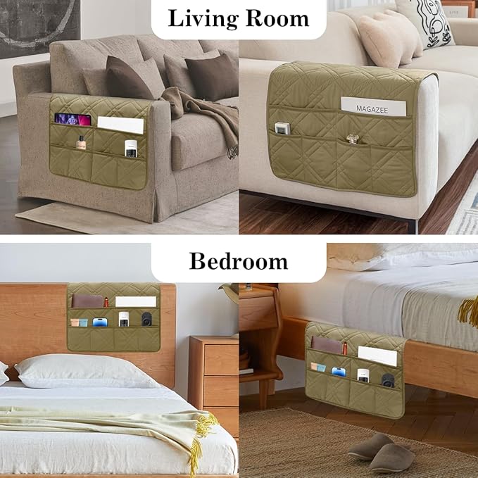 HADEEONG Couch Armrest Organizer Remote Control Holder Bedside Caddy with 6 Pockets, Non-Slip Armchair Caddy Sofa Armrest Organizer for Tv Remote Control, Magazine, Cell Phone, Dark Khaki