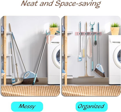 Pink Mop Broom Holder Wall Mount with 4 Slots & 4 Hooks - Wood Broom Mop Hanger for Pantry Closet Laundry Room Kitchen Organization - for Pink Kitchen Decor and Accessories