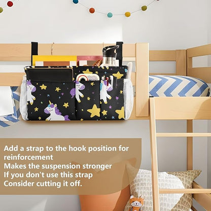 CuwrYet Bedside Caddy Hanging Bunk Bed Caddy Bed Organizer Hanging Pocket with 2 Hooks Bedside Storage Organizer Pocket Bag Holder Cute Unicorns Hearts Black