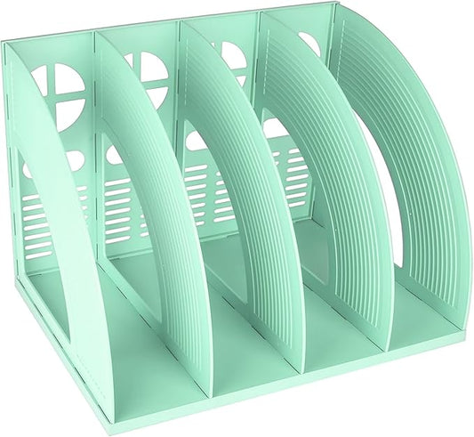 SAYEEC Sturdy Magazine Holder 4 Compartments Plastic Desktop File Organizer File Dividers Office Organizer Storage Document Magaizne Rack Display Box (Green)