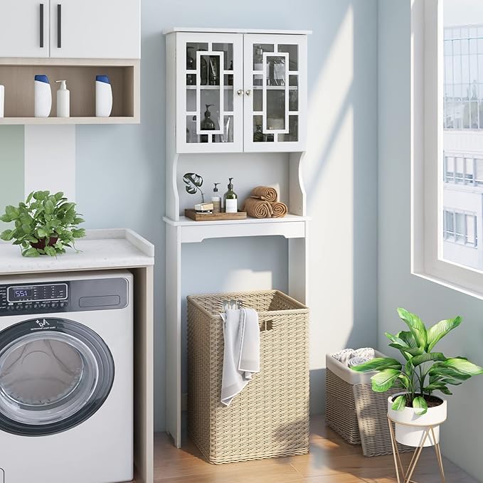 BestComfort Over The Toilet Storage Cabinet, Home Bathroom Space Saver Organizer Above Toilet, Double Doors and Adjustable Shelf, Wooden Freestanding Toilet Storage Rack Unit, 67 inch (White)