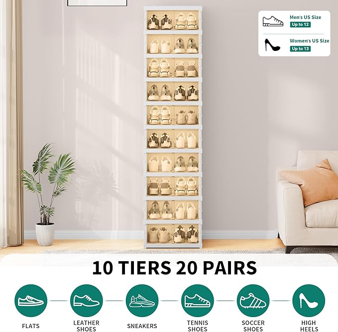 YITAHOME 10 Tier 20 Pairs Foldable Shoe Storage Box, Plastic Shoe Organizer with Magnetic Doors for Closet, Collapsible Sneaker Rack for Entryway Living Room Bedroom (White)