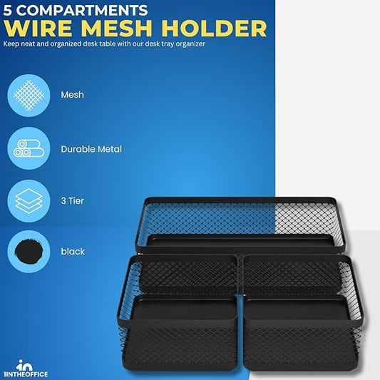 1InTheOffice Mesh Collection Desk Drawer Organizer Tray 3 Compartment - Stackable, Matte Black (2pack)