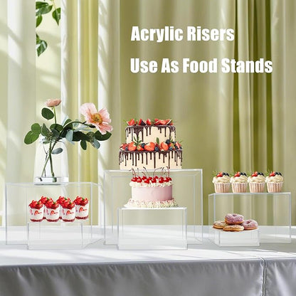 Cliselda 6Pcs Clear Acrylic Boxes for Display, Food Risers for Buffet Table Party Cupcake Candy Desset,Acrylic Nesting Risers Display Stands Cube Boxes with Hollow Bottoms