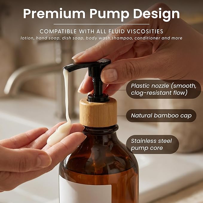 Maisonovo Plastic Soap Dispenser Set | Hand Soap and Dish Soap Dispenser Set | 16.9oz Amber Bottles with Black Bamboo Pump | Bathroom Lotion Dispenser with Pump Set of 2