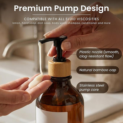 Maisonovo Plastic Soap Dispenser Set | Hand Soap and Dish Soap Dispenser Set | 16.9oz Amber Bottles with Black Bamboo Pump | Bathroom Lotion Dispenser with Pump Set of 2