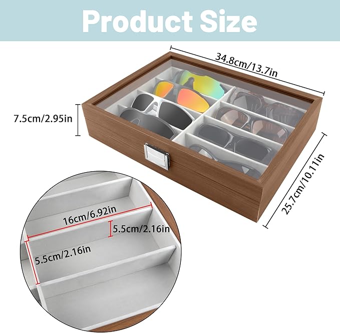 Homeanda Wooden Eyeglasses Case 8 Grids Sun Glasses Holder Eyewear Organizer Glasses Case Tray Glasses Display Showcase Organizer with Cover Christmas Gift for Men and Women