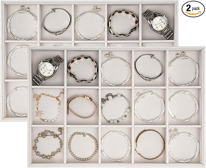 Polmart Stackable 15-Grid Jewelry Organizer/Storage/Display Trays, White Leatherette (2-Pack)