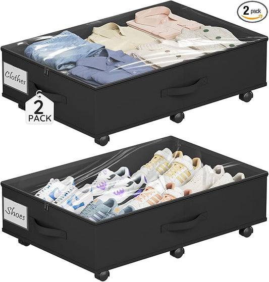 Under Bed Storage with Wheels, 2-Pack Under Bed Storage Containers with Clear Lids, Under the Beds Storage Organizer Bins With Handles, Under Bed Drawer for Clothes, Shoes, Books, Toys