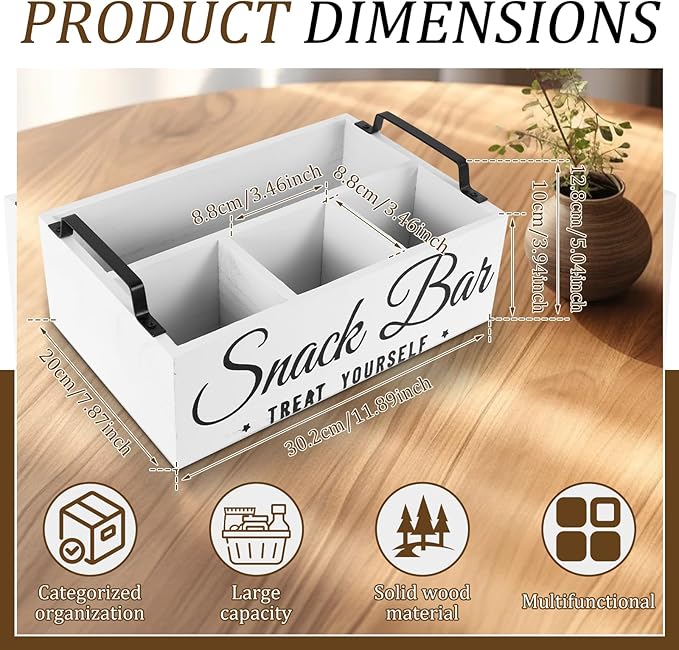 Snack Organizer for Countertop, Wood Pantry Storage Bins with Handles, Snack Bar Organizer for Pantry Shelf, 4 Compartment Food Container Box, Kitchen Storage Organizer for Nut,Chips,Beverage (White)