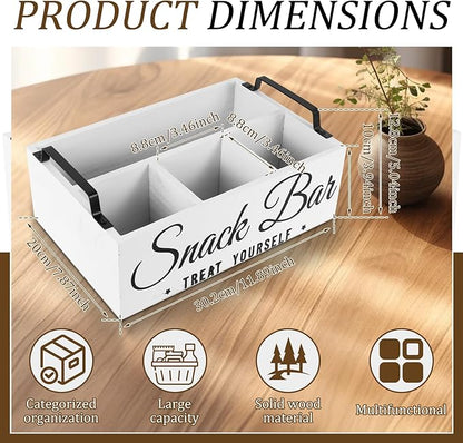 Snack Organizer for Countertop, Wood Pantry Storage Bins with Handles, Snack Bar Organizer for Pantry Shelf, 4 Compartment Food Container Box, Kitchen Storage Organizer for Nut,Chips,Beverage (White)