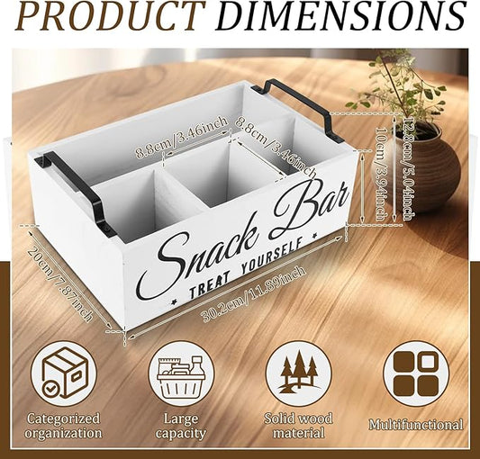 Snack Organizer for Countertop, Wood Pantry Storage Bins with Handles, Snack Bar Organizer for Pantry Shelf, 4 Compartment Food Container Box, Kitchen Storage Organizer for Nut,Chips,Beverage (White)