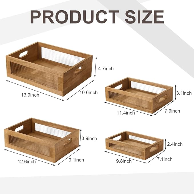4 Pcs Wooden Nesting Countertop Baskets 4 Size Wooden Storage Box with Handle and Metal Wire Multipurpose Wood Organizer Crate for Fruit Vegetable Kitchen Cabinet Bathroom(Dark Brown,Small)
