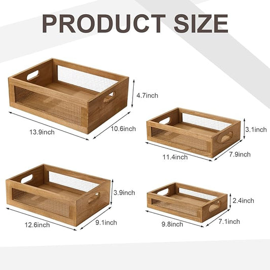 4 Pcs Wooden Nesting Countertop Baskets 4 Size Wooden Storage Box with Handle and Metal Wire Multipurpose Wood Organizer Crate for Fruit Vegetable Kitchen Cabinet Bathroom(Dark Brown,Small)