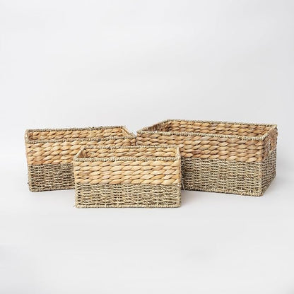 YAHUAN Natural Water Hyacinth & Seagrass Woven Storage Baskets – Wicker Storage Basket Organizer Bins with Handles for Home & Office Pantry Shelf (Set of 3)