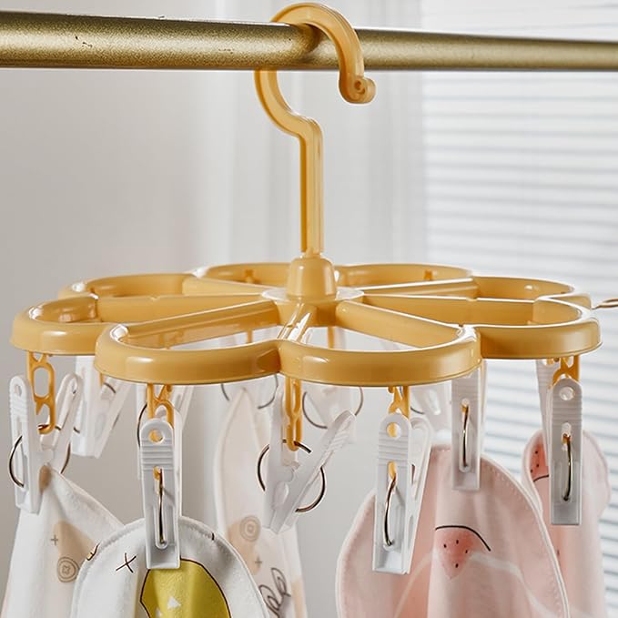 Laundry Drying Rack - 12 Clip Drying Hanger for Clothes | Foldable Drying Rack | 360° Rotation Laundry Clip and Drip Drying Hanger for Socks, Bras, Lingerie, Clothes, Sturdy, White