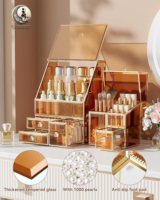 CoralHouse Makeup Organizer Amber,Glass Vanity Organizer for Skincare, Lipsticks, Perfume, Makeup Brushes – Countertop Cosmetic Storage Box for Women, Bathroom & Dresser
