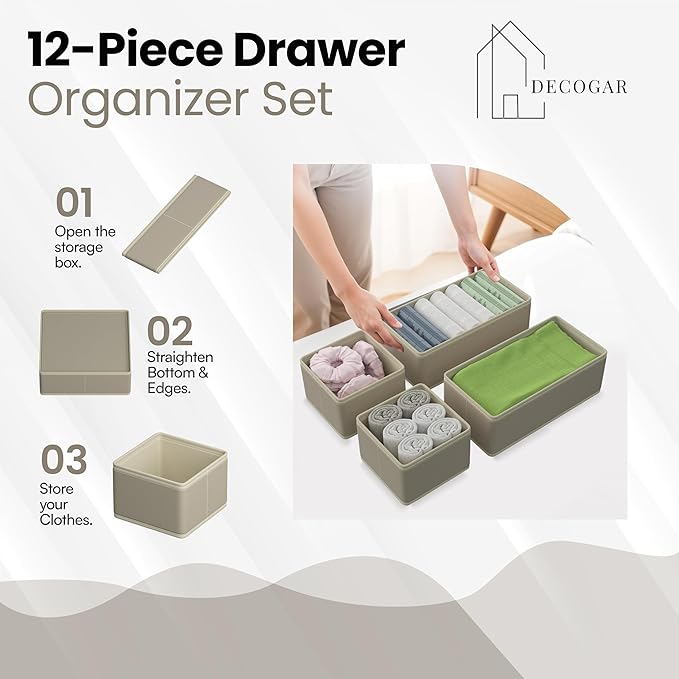 Drawer Organizer – 12 Pack Foldable Beige Fabric Storage Bins for Baby Clothes, Dresser, Closet, Towels, Socks, Diapers | Nursery & Bedroom Drawer Dividers for Home Organization