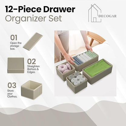 Drawer Organizer – 12 Pack Foldable Beige Fabric Storage Bins for Baby Clothes, Dresser, Closet, Towels, Socks, Diapers | Nursery & Bedroom Drawer Dividers for Home Organization