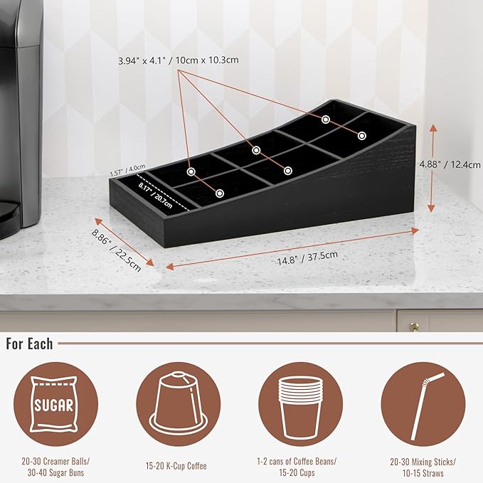 Coffee Station Organizer for Countertop, Condiment Storage Caddy, Coffee Bar Supplies Organizer for Home, Office and Breakroom - Wooden, Black, 7 Compartment