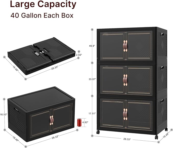 Extra Large Stackable Storage Bins, Lockable Storage Bins with Lids, Folding Storage box with Doors and Wheels, Collapsible Plastic Drawers for Home, Garage, Office (6, Black, Extra Large)