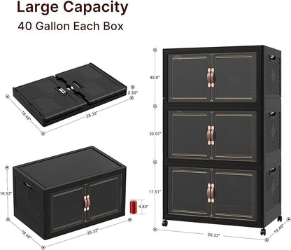 Extra Large Stackable Storage Bins, Lockable Storage Bins with Lids, Folding Storage box with Doors and Wheels, Collapsible Plastic Drawers for Home, Garage, Office (6, Black, Extra Large)